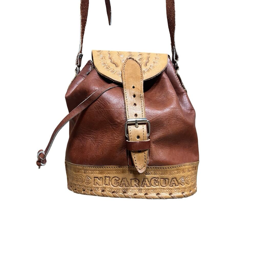VTG Boho Hand Tooled Leather Crossbody Cinch Bucket Bag Purse Nicaragua